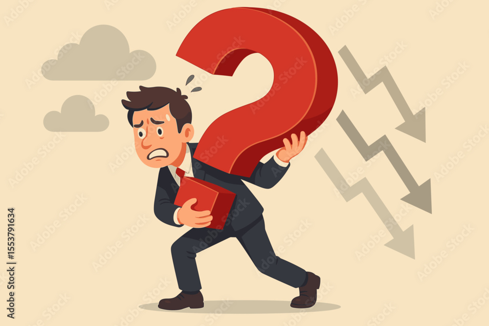 Obraz premium Businessman Carrying Giant Question Mark Burden, Stress and Anxiety Concept, Overcoming Mental Barriers, Breaking Comfort Zones, Facing Challenges, Personal Growth, Vector Cartoon Illustration