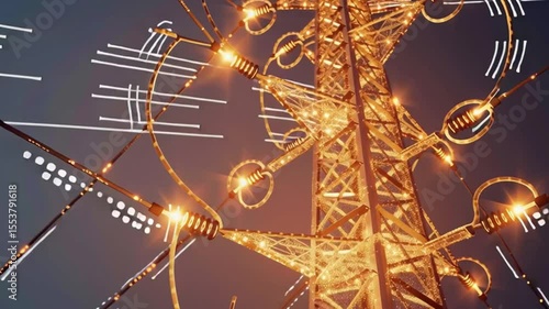 Glowing power tower illuminated by intricate wiring and bright lights, showcasing energy and technology of electricity structures at twilight.