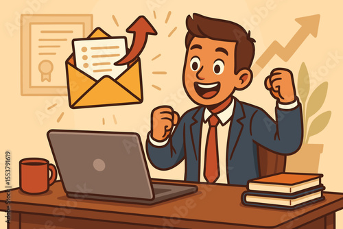Excited business employee celebrating job offer email with promotion opportunity and higher salary at office desk, career advancement, recruitment success, workplace motivation, vector illustration