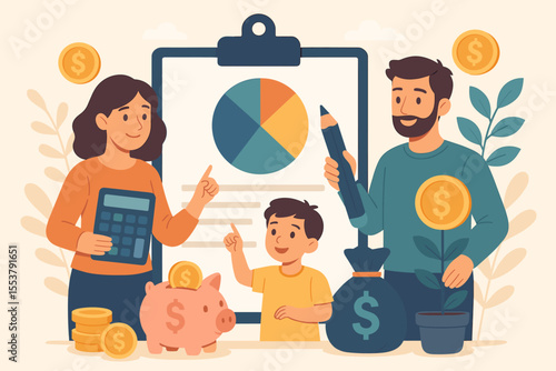 Family Budget Planning and Personal Finance Management Concept. Parents and Child Calculating Income, Expenses, Savings. Money Piggy Bank, Coins, Financial Growth. Vector Illustration