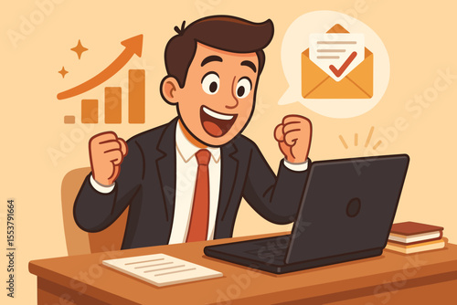 Excited business professional celebrates job offer email with promotion and higher salary at office desk, career advancement, recruitment, success, growth, opportunity, vector cartoon illustration