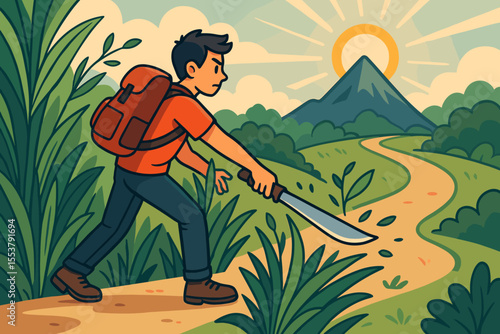 Adventurous Man Clearing Jungle Path with Machete Toward Mountain Sunrise, Personal Growth Journey, Overcoming Obstacles, Success Concept, Motivational Vector Cartoon Illustration