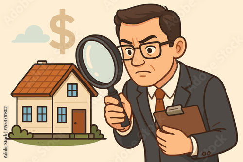 Meticulous Real Estate Appraiser Closely Inspecting House with Magnifying Glass for Accurate Property Value and Market Price Assessment, Professional Home Evaluation Vector Cartoon Illustration