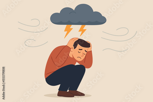 Sad man shielding head from thunderstorm cloud, symbolizing depression, anxiety, stress, mental health crisis, emotional struggle, psychological pressure, vector illustration, no text