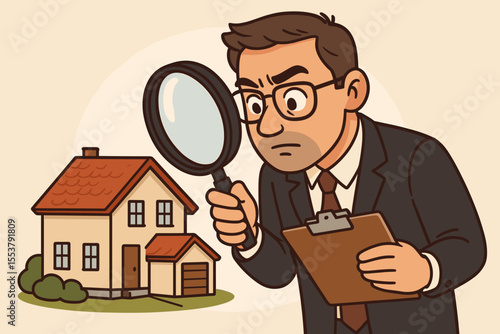Real estate appraiser evaluating property value, inspecting house with magnifying glass and clipboard, home inspection, market price assessment, appraisal process, cartoon vector illustration