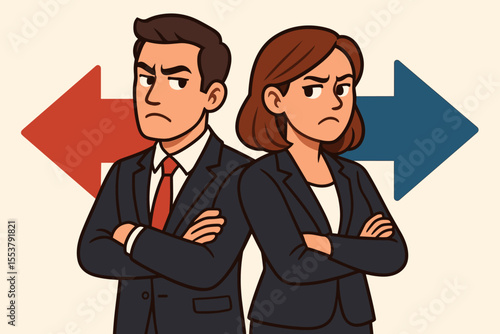 Business conflict concept. Disagreement between angry man and woman colleagues. Partners with opposing opinions standing back to back. Different directions metaphor. Vector illustration.