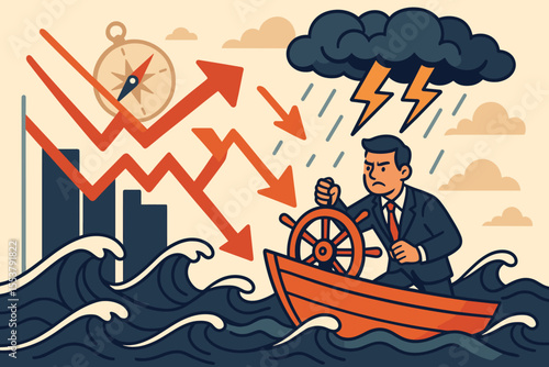 Businessman Steering Ship Through Economic Crisis. Navigating Financial Downturn, Recession, Market Volatility, Leadership in Storm, Crisis Management, Strategy, Uncertainty, Vector Illustration
