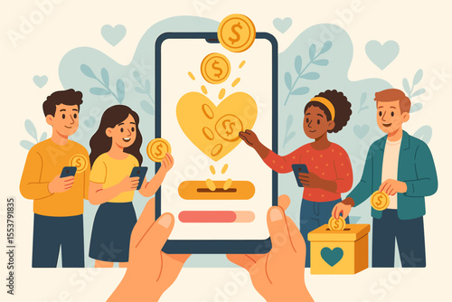 Online charity donations concept with diverse people contributing money via smartphone for fundraising causes, digital giving, mobile philanthropy, community support, vector cartoon illustration