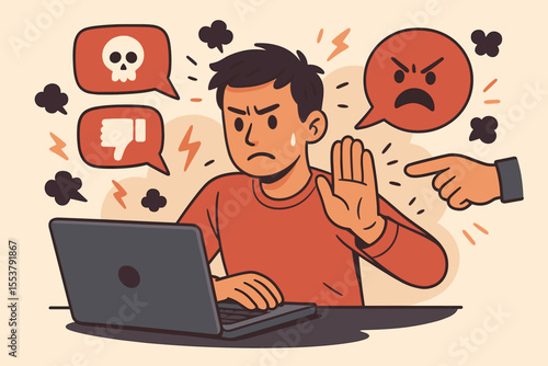Stop cyberbullying concept. Stressed man resisting online harassment and hate speech. Victim of internet abuse feeling psychological pressure, blocking trolls and negative comments.