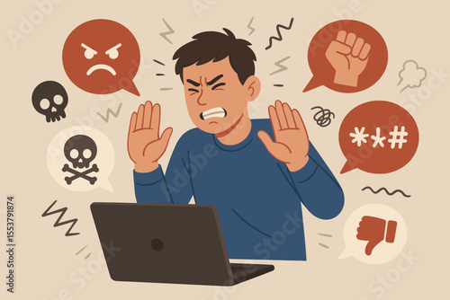 Cyberbullying Concept Man Resisting Online Harassment and Verbal Abuse. Negative Social Media Reactions, Hate Speech, Psychological Pressure, Internet Safety, Mental Health Vector Illustration