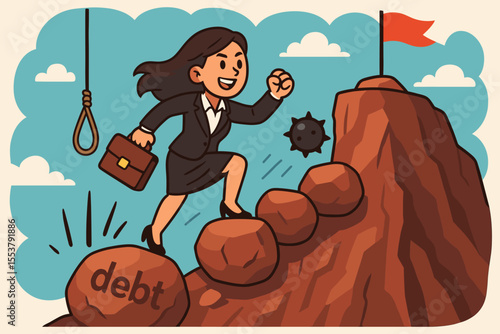 Businesswoman overcoming challenges, climbing a mountain to success. Metaphor for a career path, ambition, and reaching goals. Woman facing obstacles, debt, and risk. Determination concept.
