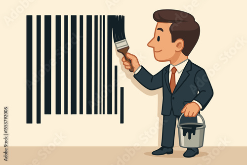 Businessman Painting Barcode on Wall Concept for Rebranding, Corporate Identity Change, Innovation, Marketing Strategy, Brand Transformation, Modern Business Vector Cartoon Illustration