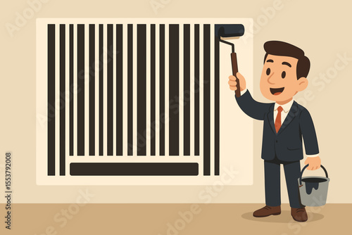 Businessman Painting Barcode Concept, Rebranding Strategy, Corporate Identity Change, Marketing Innovation, Brand Transformation, Vector Illustration, Modern Business Metaphor, Creative Solution