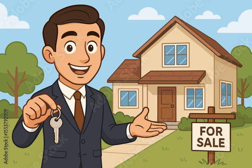 Real estate agent cartoon holding house keys, presenting home for sale, property selling process, realty transaction, residential housing market, buying and selling real estate vector illustration