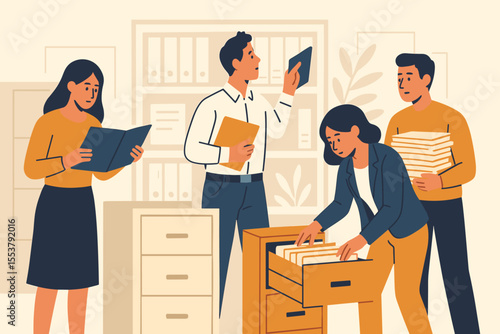 Office workers searching and organizing documents, filing paperwork, reading reports, teamwork in modern office, flat vector illustration, business people archive, corporate workflow concept