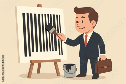 Businessman Painting Barcode on Canvas Concept for Rebranding Strategy, Corporate Identity Change, Innovation, Business Transformation, Marketing, Modern Vector Illustration, Creative Leadership