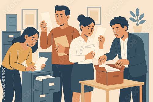 Office Workers Searching Files, Organizing Documents, Filing Paperwork, Team Collaboration in Modern Workplace, Flat Vector Illustration, Business People Sorting Records, Office Administration Concept