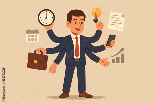 Multitasking businessman vector illustration. Office worker managing time, productivity, workflow, ideas, communication, paperwork, project management, business growth, efficiency, organization