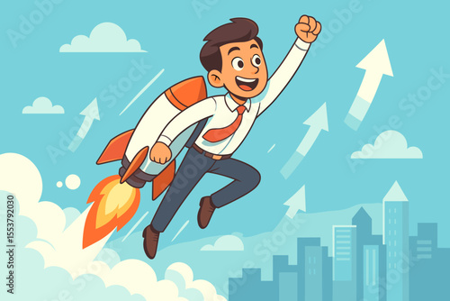 Ambitious Businessman with Rocket Jetpack Flying Upward, Startup Success Concept, Career Growth, Motivation, Innovation, Leadership, Urban Skyline, Vector Cartoon Illustration