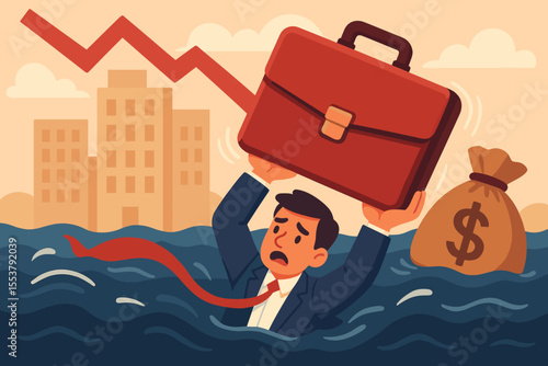 Businessman drowning in financial crisis, holding briefcase above water, economic downturn, bankruptcy risk, recession, company loss, saving assets, cartoon vector, money bag, falling graph