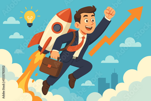 Ambitious Businessman Flying with Rocket Backpack. Startup Success Concept. Career Growth, Innovation, Leadership, Motivation. Vector Illustration. Rising Arrow, Briefcase, Lightbulb Idea