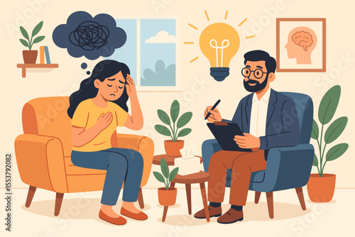 Psychotherapy session mental health support. Female patient talking to male psychologist. Counseling therapy for anxiety, depression, emotional well-being. Vector illustration. Modern office interior.
