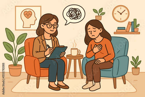 Psychotherapy session with a psychologist and patient. Woman talks about anxiety and depression. Mental health support, counseling, and psychology concept. Untangling confused thoughts.