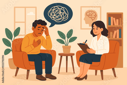 Psychotherapy session concept. Mental health support, counseling, therapy, psychologist and patient in office. Emotional well-being, psychological consultation, stress relief. Vector illustration.
