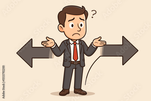 Confused businessman cartoon character pondering career path dilemma, decision, direction, choice, future, uncertainty. Man standing between two arrows, unsure way to go. Crossroad concept.