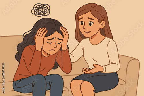 Friendship support for mental health. Woman comforting sad friend with depression, anxiety and confused thoughts. Concept of empathy, compassion, care and therapy for problems.
