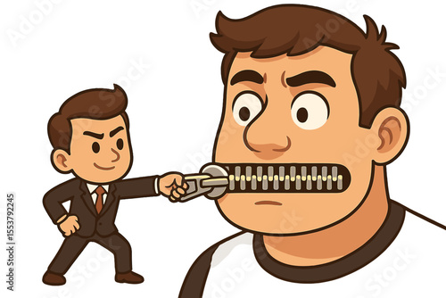 Censorship concept. Businessman zips man's mouth. Metaphor for control, oppression, and power dynamics. Silencing opinions, whistleblowers. Freedom of speech violation. Hush money.