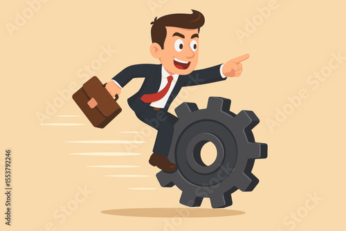 Businessman riding a gear forward. Concept of business progress, leadership, and success. Manager with briefcase on a moving cogwheel, pointing the way to corporate growth and innovation.