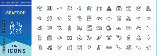 Seafood icon set. Minimal linear icons. Includes symbols for grilled, restaurant, food, seafood soup, fishing, fish. Pixel perfect. Editable stroke. Fish Fry icon set.