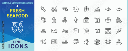Fresh Seafood icon set. Includes thin line symbols grilled, sea, cooking, baked fish, fish fry, fishing, seafood soup and more. Seafood linear icon set. Isolated icons. Vector illustration.