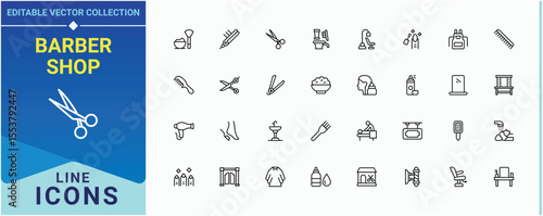 Barber Shop related icon set. Contain linear sign barbershop, grooming, barber, hair salon, hairstyle and more. Salon modern icon set. Vector outline icons collection. Editable vector stroke.