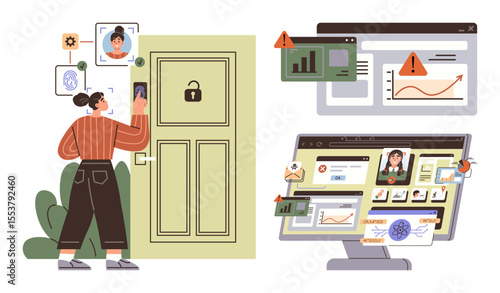 Woman scans face for biometric door lock verification while nearby monitors display cybersecurity alerts, data breach warnings, and system analytics. Ideal for technology, privacy, security, access