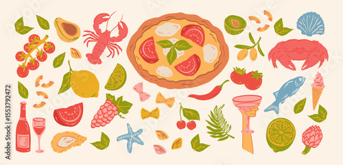 Hand drawn mediterranean food illustration set. Minimalist line art. Pasta, olive, pizza, tomato, lemon, crab, lobster, grapes, wine for invitations, menus, parties. Vector.