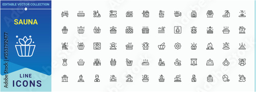 Sauna icon set. Contains such symbols as bath, relax, steam room, sauna mittens, therapy, relaxation and more. Spa icon set. Minimal thin line web icons set. Editable vector stroke.
