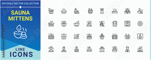 Sauna Mittens icon set. Contain linear sign therapy, steam, bath, care, massage, relaxation, steam room and more. Sauna modern icon set. Outline icons in linear style. Art and illustration.
