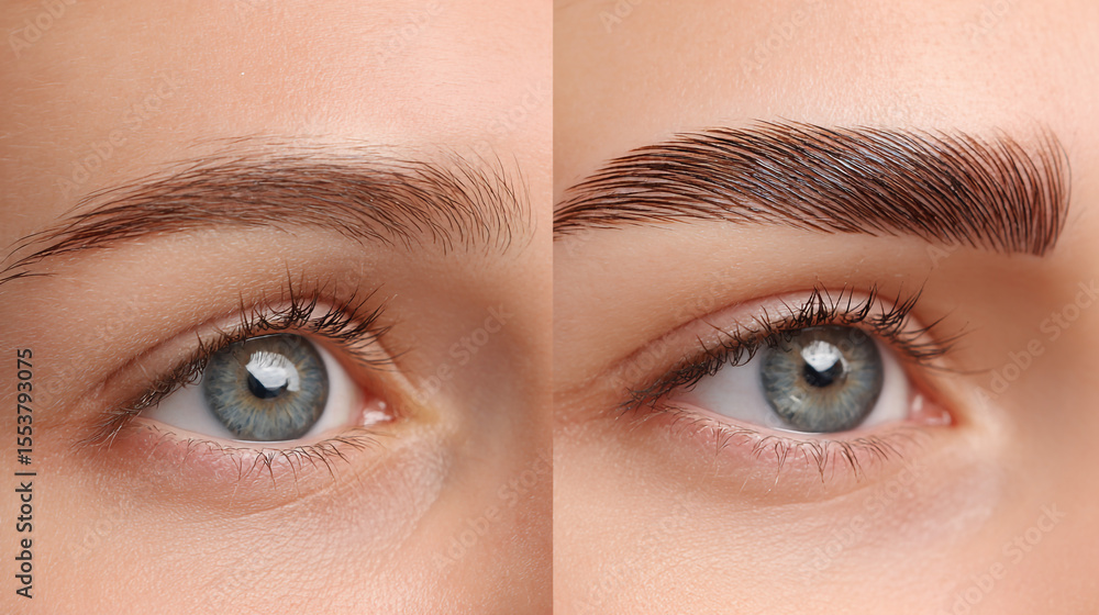 Fototapeta premium Eyebrow Transformation: A close-up, side-by-side comparison showcasing the artistry and subtle changes of expertly shaped and enhanced eyebrows.