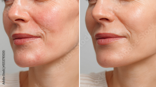 Before & After Skin Treatment:  A split image showcasing a woman's face before and after a cosmetic treatment, highlighting improved skin texture and reduced wrinkles.