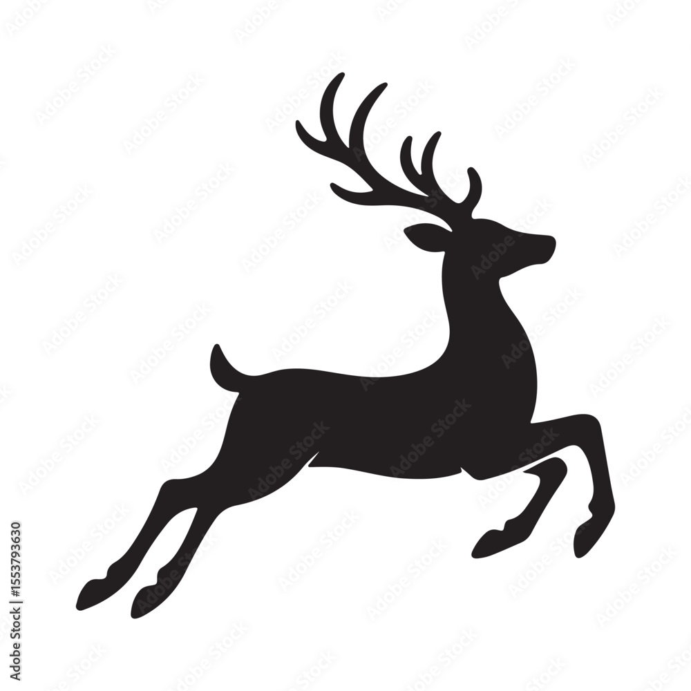 Naklejka premium Majestic Silhouette of a Reindeer Leaping Through the Air Symbolizing Christmas, Wildlife, and Holiday Spirit with Antlers and Graceful Movement