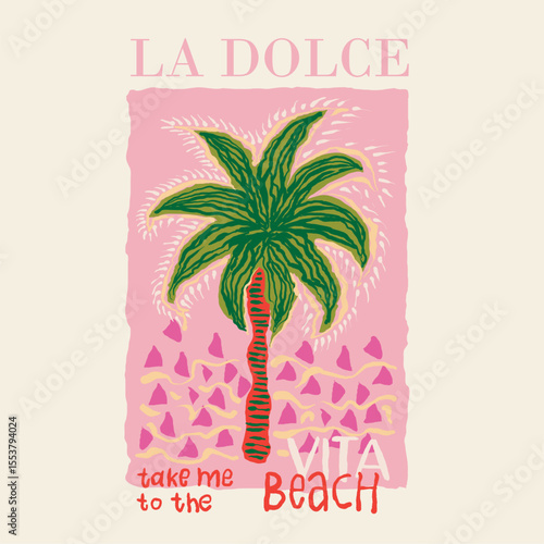hand drawn palm Leaves background. palm tree  design.summer t shirt  design.  tropical print design. california long beach typogaphy graphics
