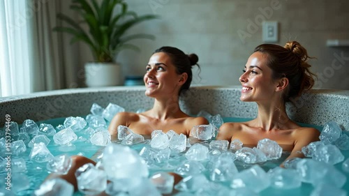 Video of two women smiling while relaxing in an ice bath surrounded by ice cubes, with a plant in the background, concept of wellness. Ice bath pod concept