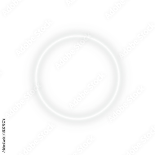 Bright white neon glow circular ring circle frame border with empty center space and glowing light effect on transparent background for abstract futuristic digital design