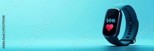 Smart fitness tracker with heart rate icon banner for health blog or tech website header, bright cyan background, 3:1 banner image with copy space on left