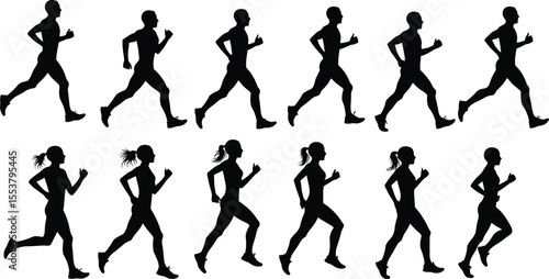 Silhouettes of men and women playing sports and running in a vector illustration