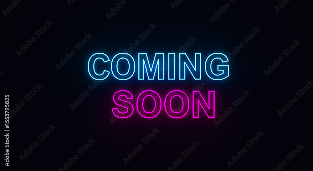 Coming Soon. Neon sign with light blue and pink illuminated letters on a dark background in retro style with free space for text. Coming Soon. Neon sign with light blue and pink illuminated letters on a dark background in retro style with free space for text.