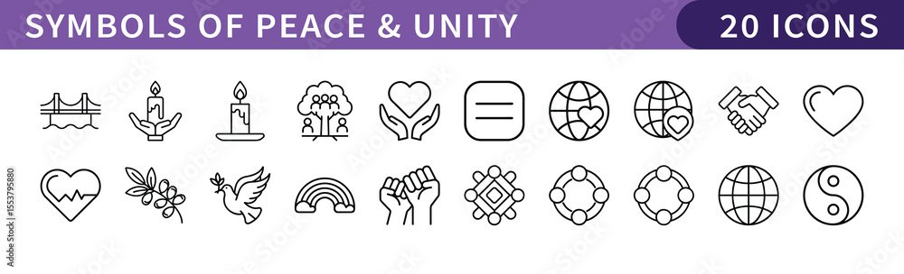 Obraz premium Symbols of Peace and Unity Icons Set, A collection of 20 icons representing symbols of peace and unity, including peace signs, hearts, equality, and global unity. 