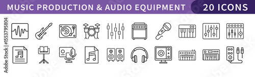 Music Production and Audio Equipment Icons Set, A collection of 20 icons representing music production and audio equipment, including instruments, mixers, microphones, and headphones.
